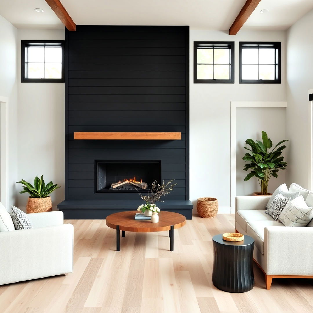 black shiplap fireplace with light wood floor - 40 Black Shiplap Fireplace Ideas