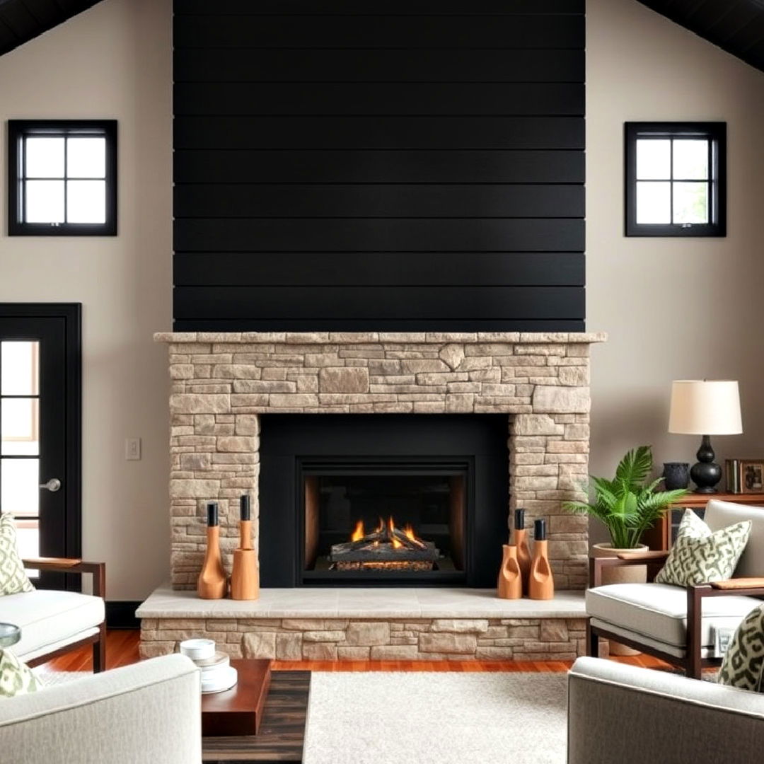 black shiplap fireplace with natural stone elements - 40 Black Shiplap Fireplace Ideas