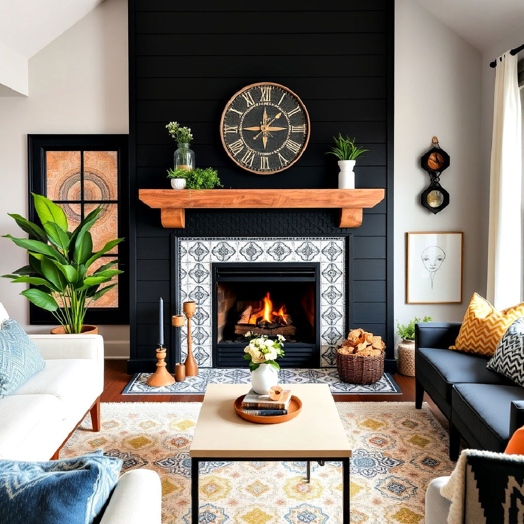 black shiplap fireplace with patterned tiles on the hearth - 40 Black Shiplap Fireplace Ideas