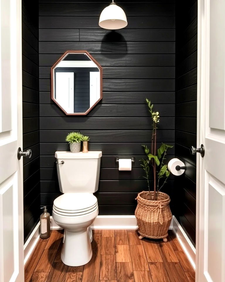 black shiplap walls for powder room - 25 Black Powder Room Ideas