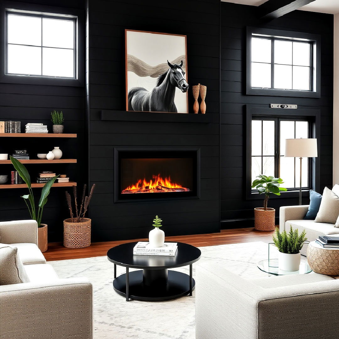 black shiplap with electric fireplace insert - 40 Black Shiplap Fireplace Ideas