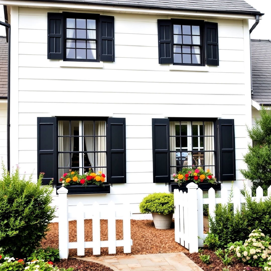 black shuttered windows for cottage style white farmhouse - 25 White Farmhouse With Black Windows Ideas