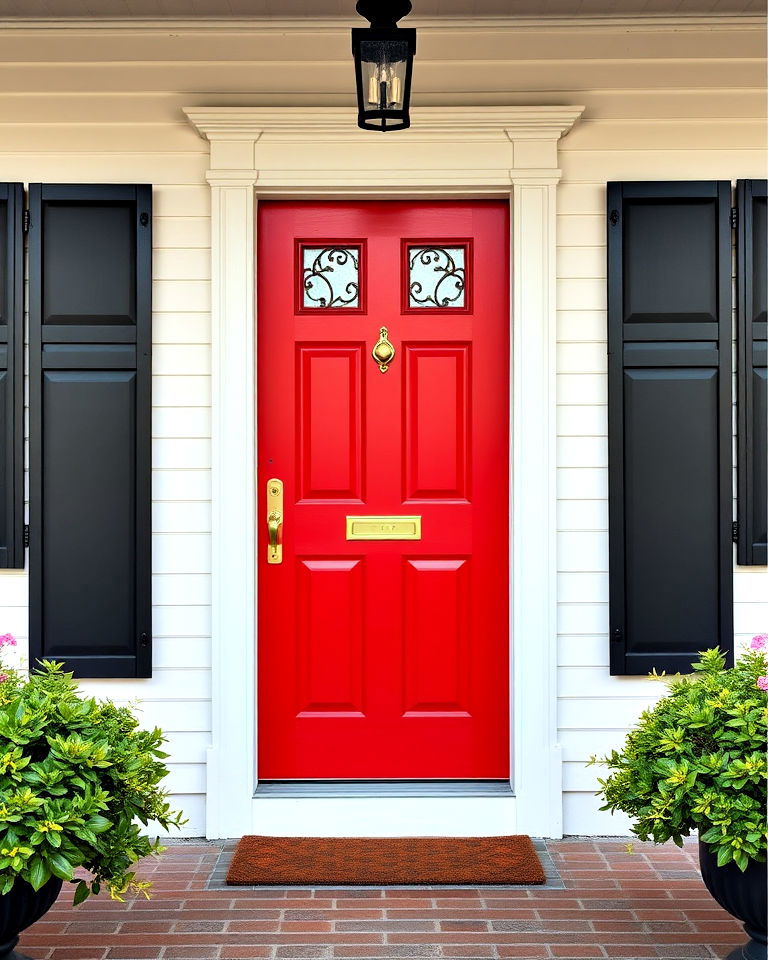 black shutters and bright red door - 20 Colonial Front Door Ideas