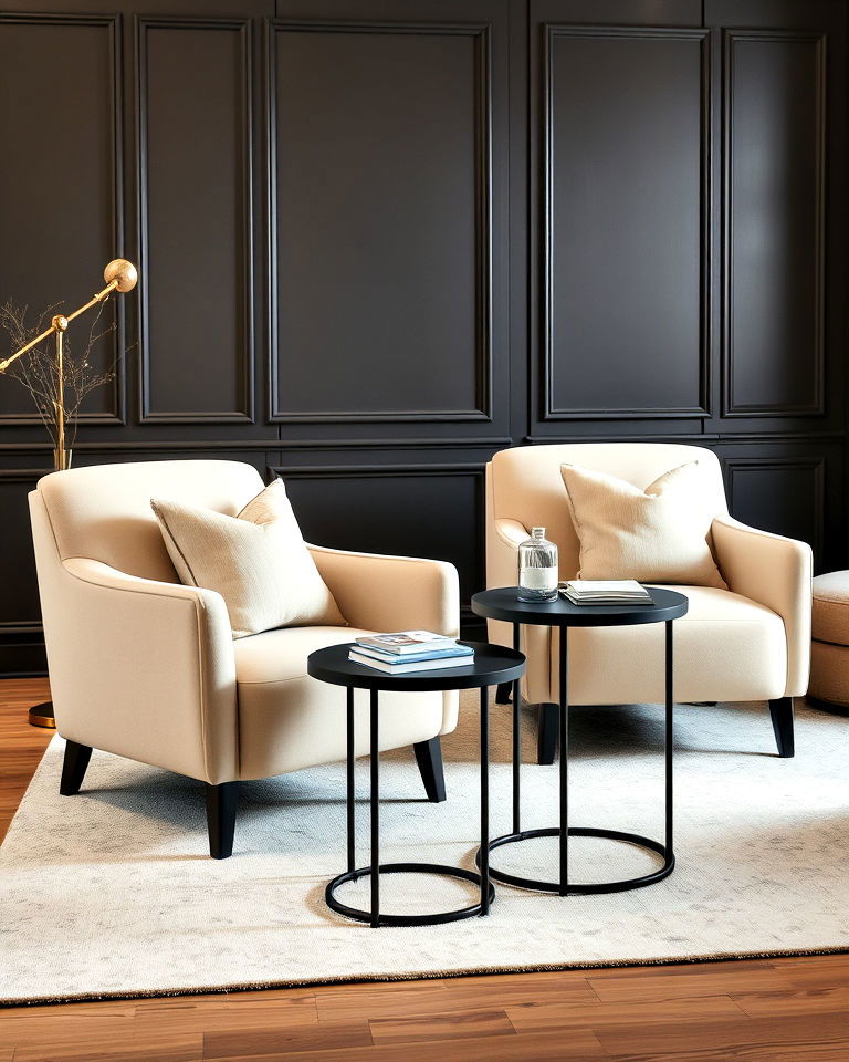 black side tables and beige armchairs - 30 Black and Beige Living Room Ideas