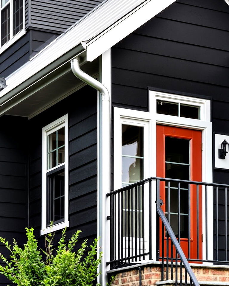 black siding design with metal accents - 30 Black Siding House Ideas