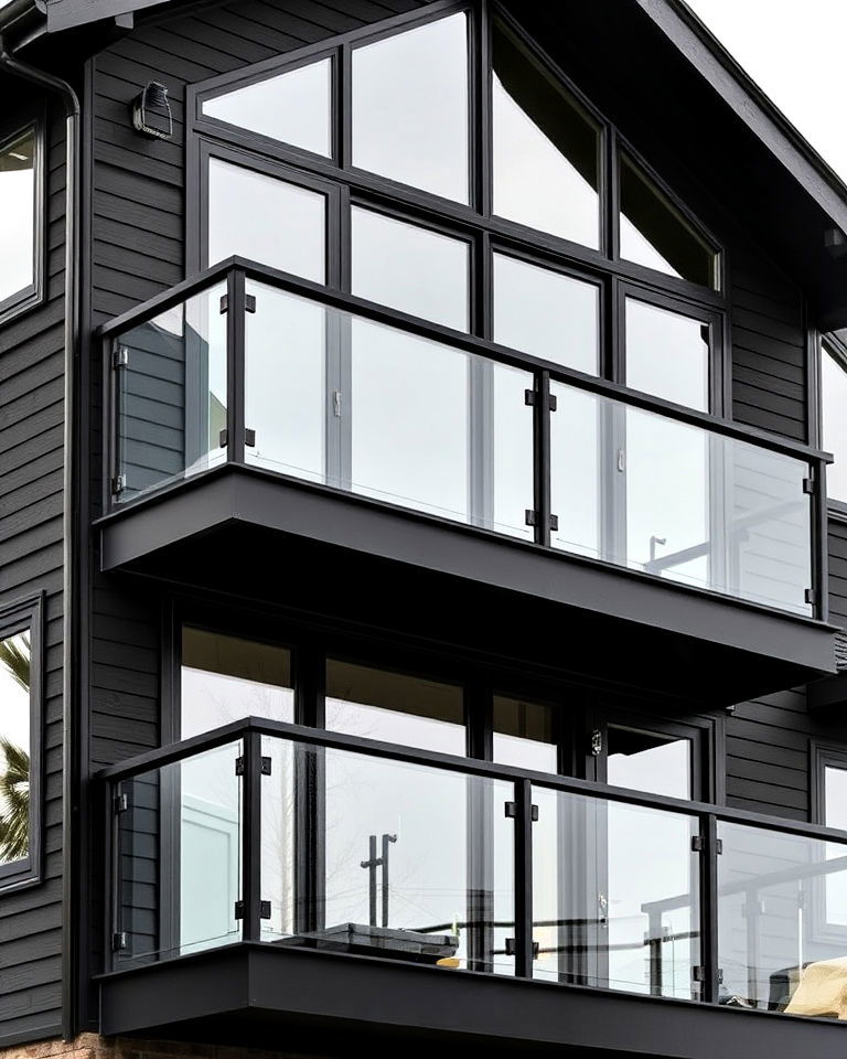 black siding house with glass and metal railings - 30 Black Siding House Ideas