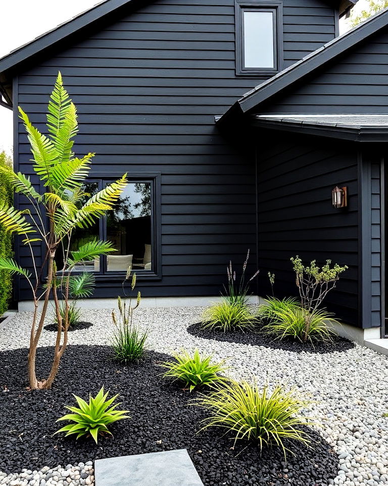 black siding house with minimalist landscaping - 30 Black Siding House Ideas