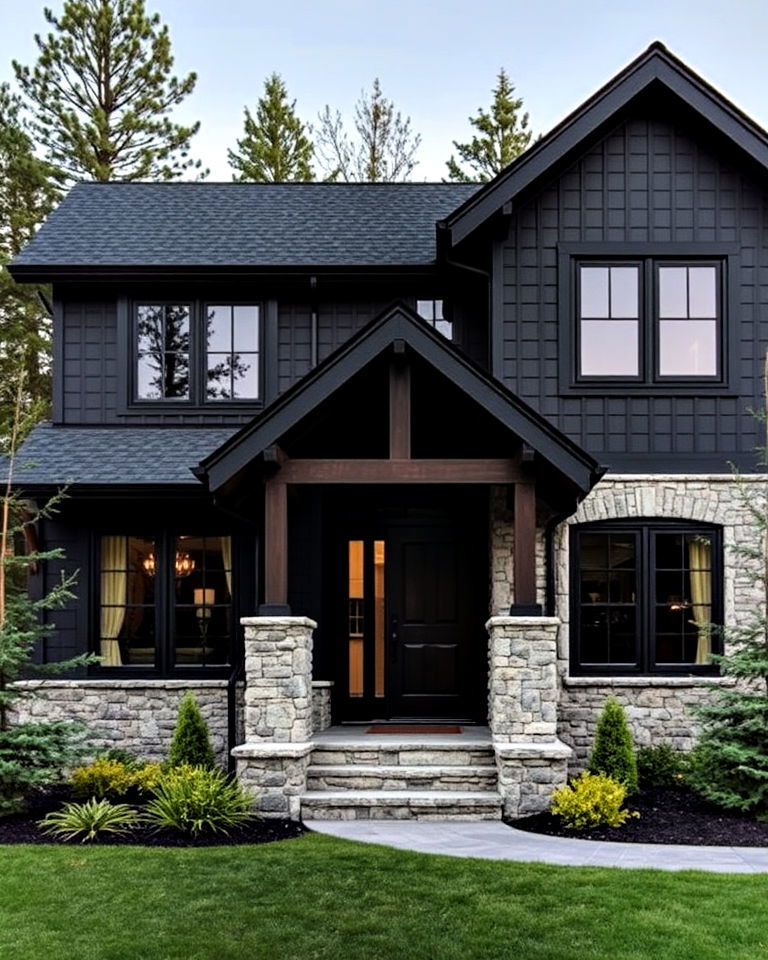 black siding house with stone accents - 30 Black Siding House Ideas