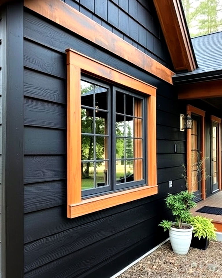 black siding with natural wood elements - 30 Black Siding House Ideas