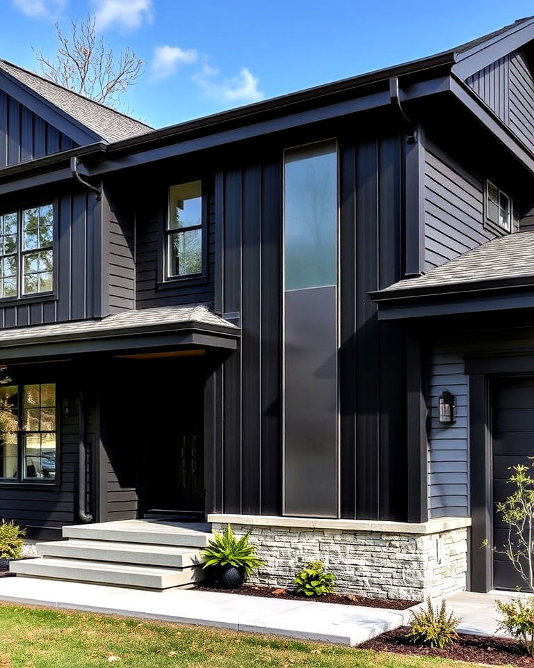 black siding with vertical metal panels - 30 Black Siding House Ideas