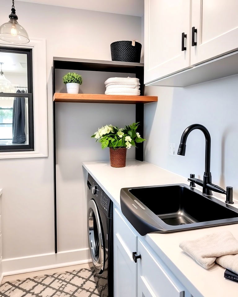 black sink with white countertop for laundry room - 15 Black and White Laundry Room Ideas