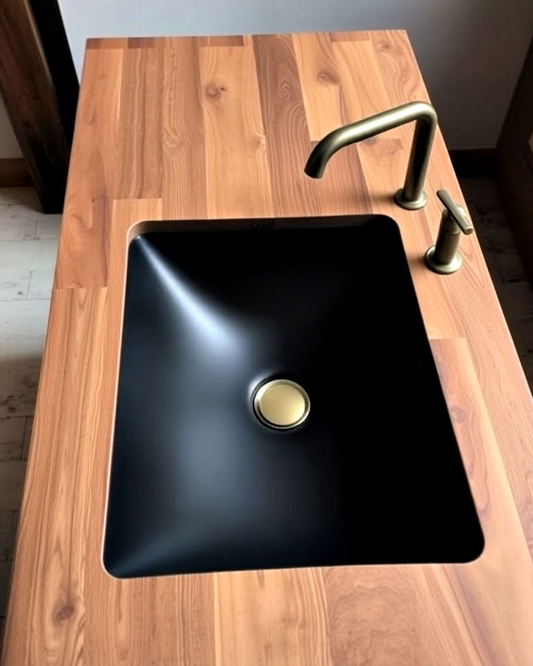 black sink with wooden surround for kitchen - 20 Black and Brown Kitchen Ideas