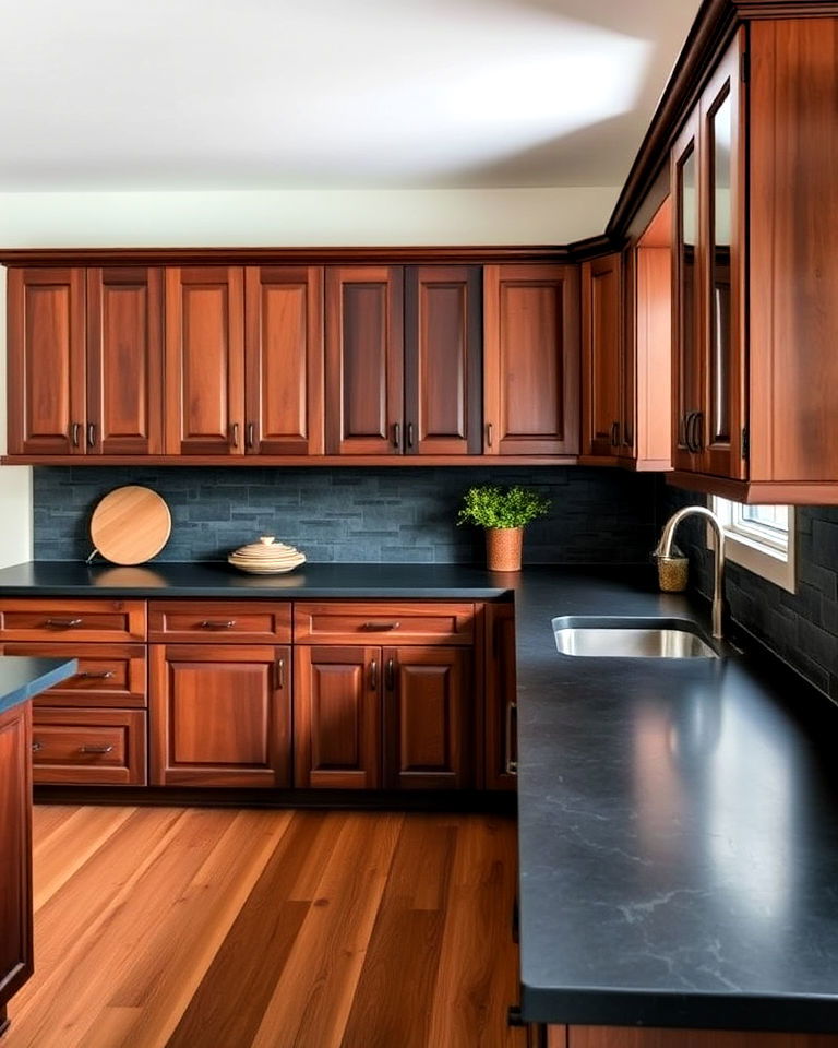 black slate countertops and chocolate brown cabinets - 25 Brown Kitchen Cabinets With Black Countertops