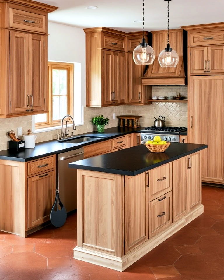 black soapstone counters and driftwood brown cabinets - 25 Brown Kitchen Cabinets With Black Countertops