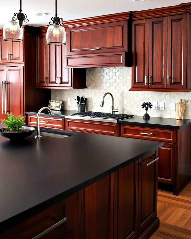 black soapstone countertops and mahogany cabinets - 25 Brown Kitchen Cabinets With Black Countertops