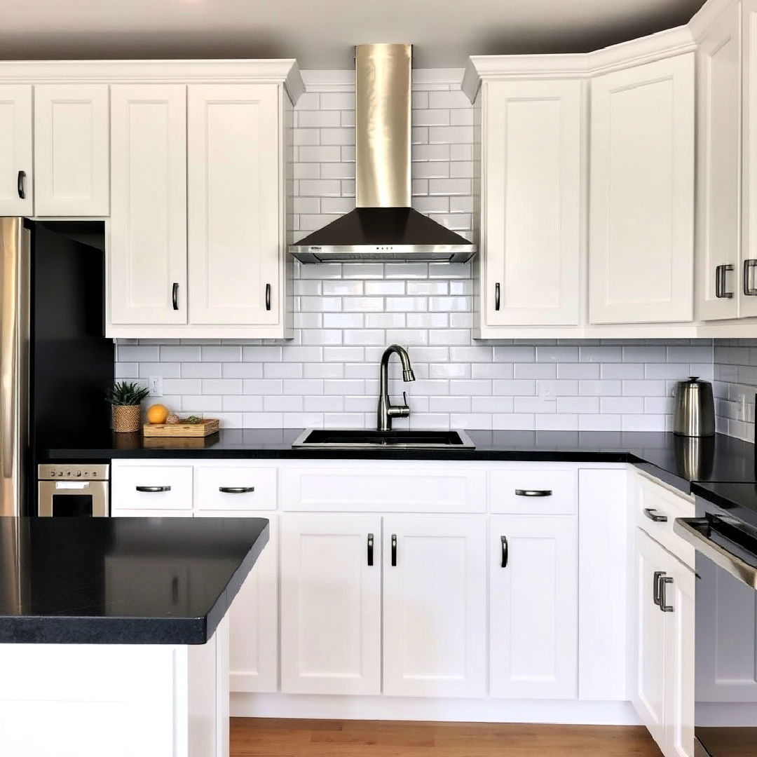 black solid surface countertops and subway tile backsplash - 40 White Kitchen With Black Countertops Ideas