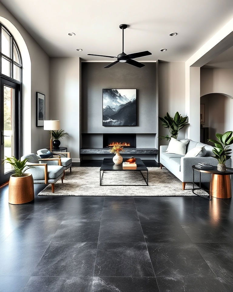 black stained concrete floor for living room - 25 Black Floor Living Room Ideas