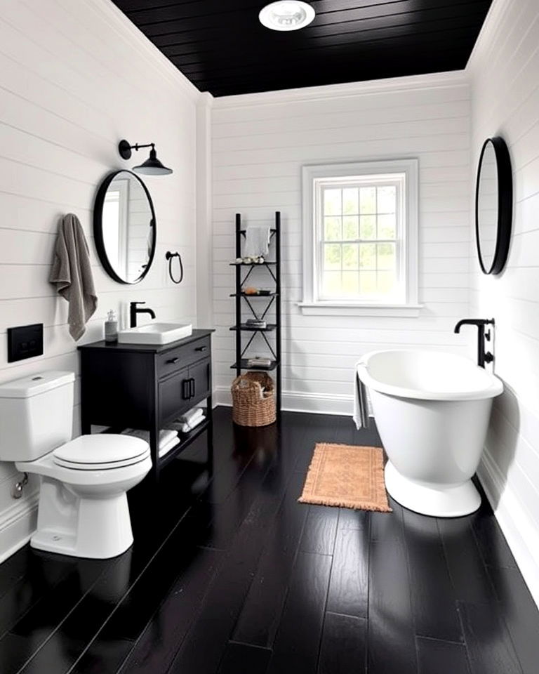 black stained wooden floor for bathroom - 20 Black Floor Bathroom With White Walls Ideas