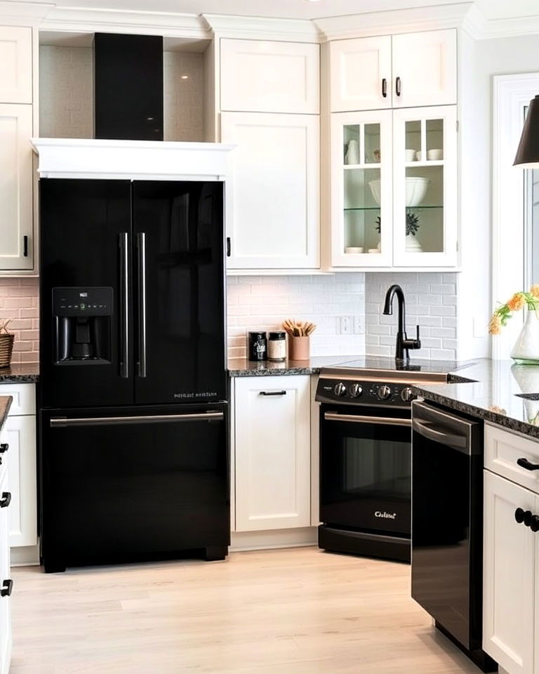 black stainless steel appliances and classic white cabinets - 25 White Kitchen with Black Appliances Ideas