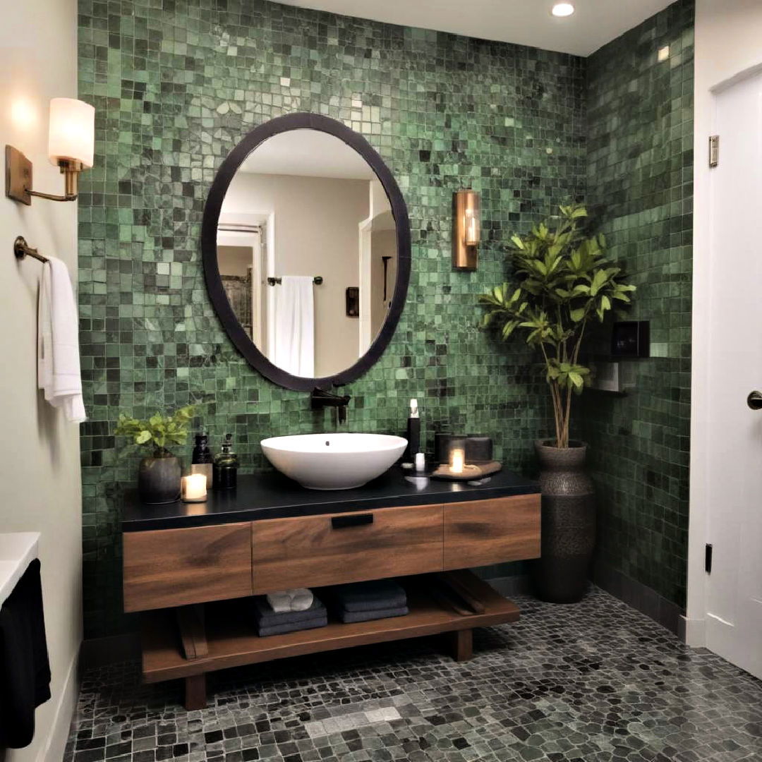 black stone countertop and green mosaic tiles - 15 Black and Green Bathroom Ideas