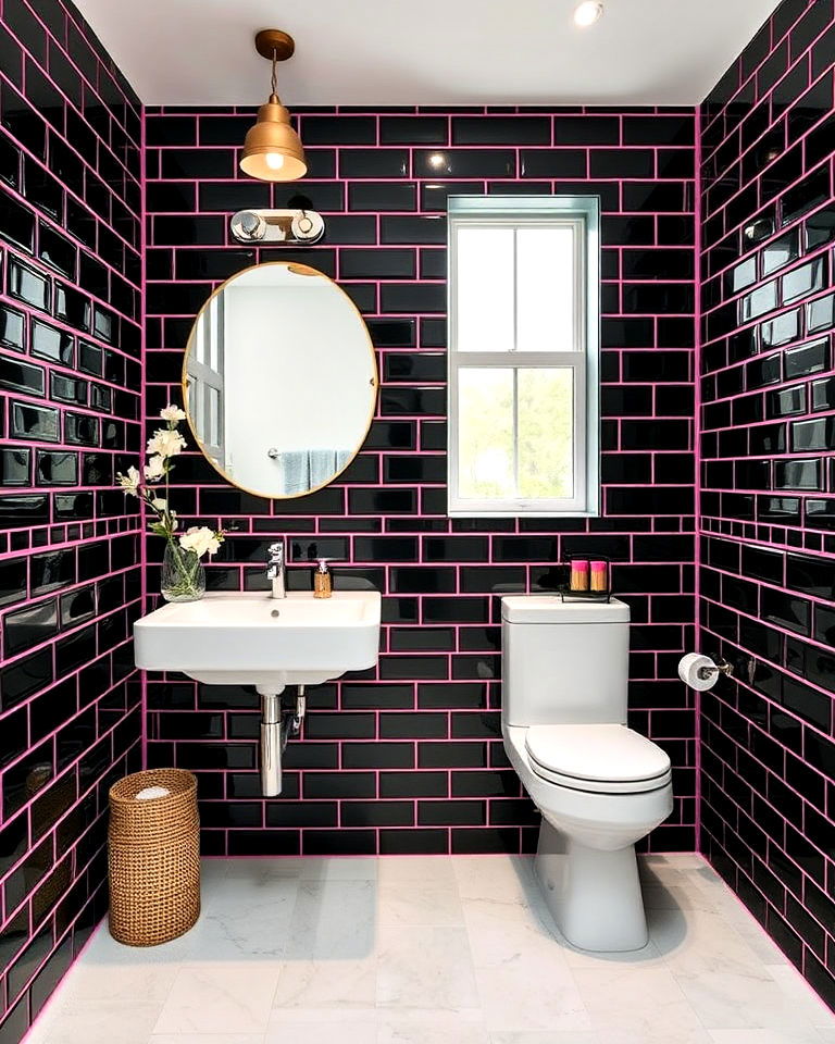 black subway tiles with pink grout for bathroom - 25 Pink and Black Bathroom Ideas