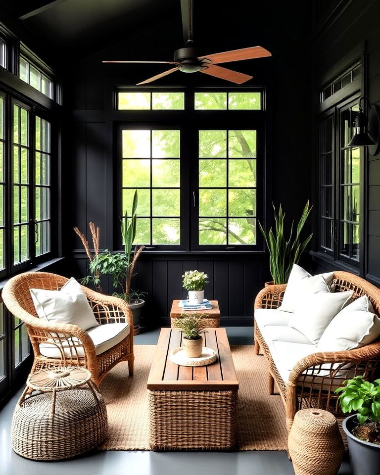 black sunroom with outdoor inspired furniture - 20 Black Sunroom Ideas
