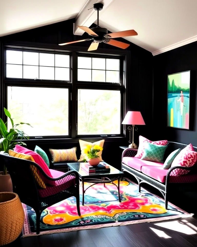 black sunroom with pops of color ideas - 20 Black Sunroom Ideas