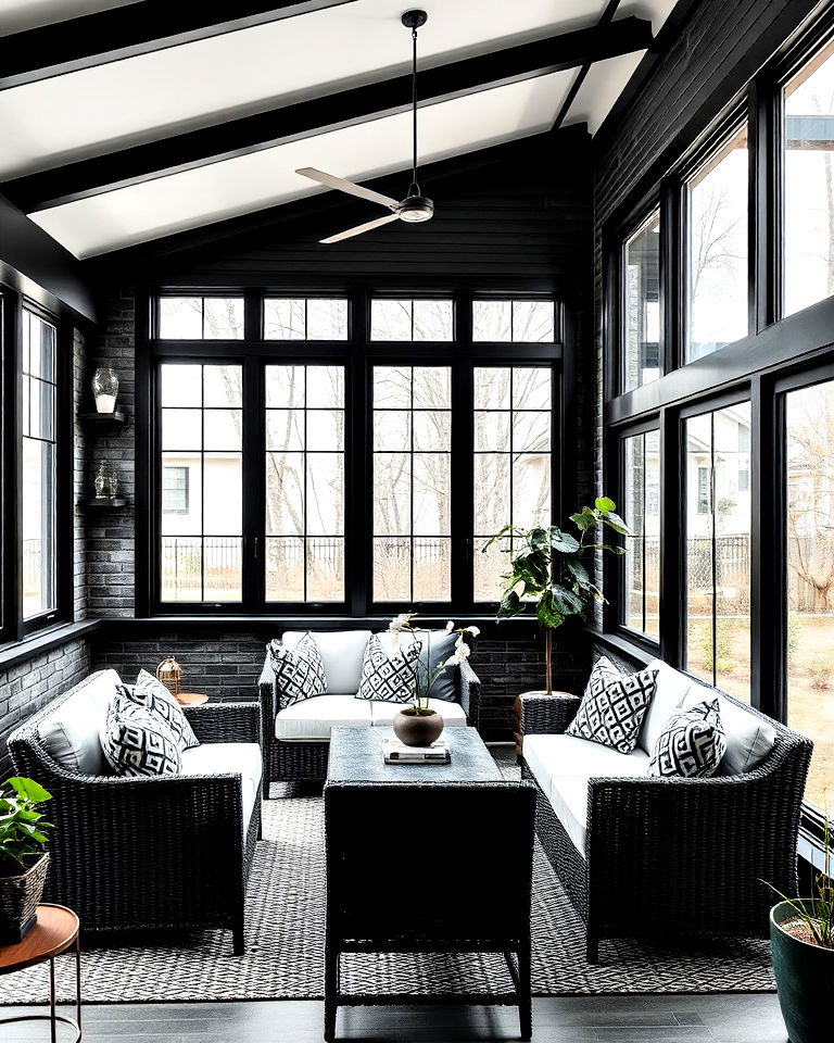 black sunroom with textured walls - 20 Black Sunroom Ideas