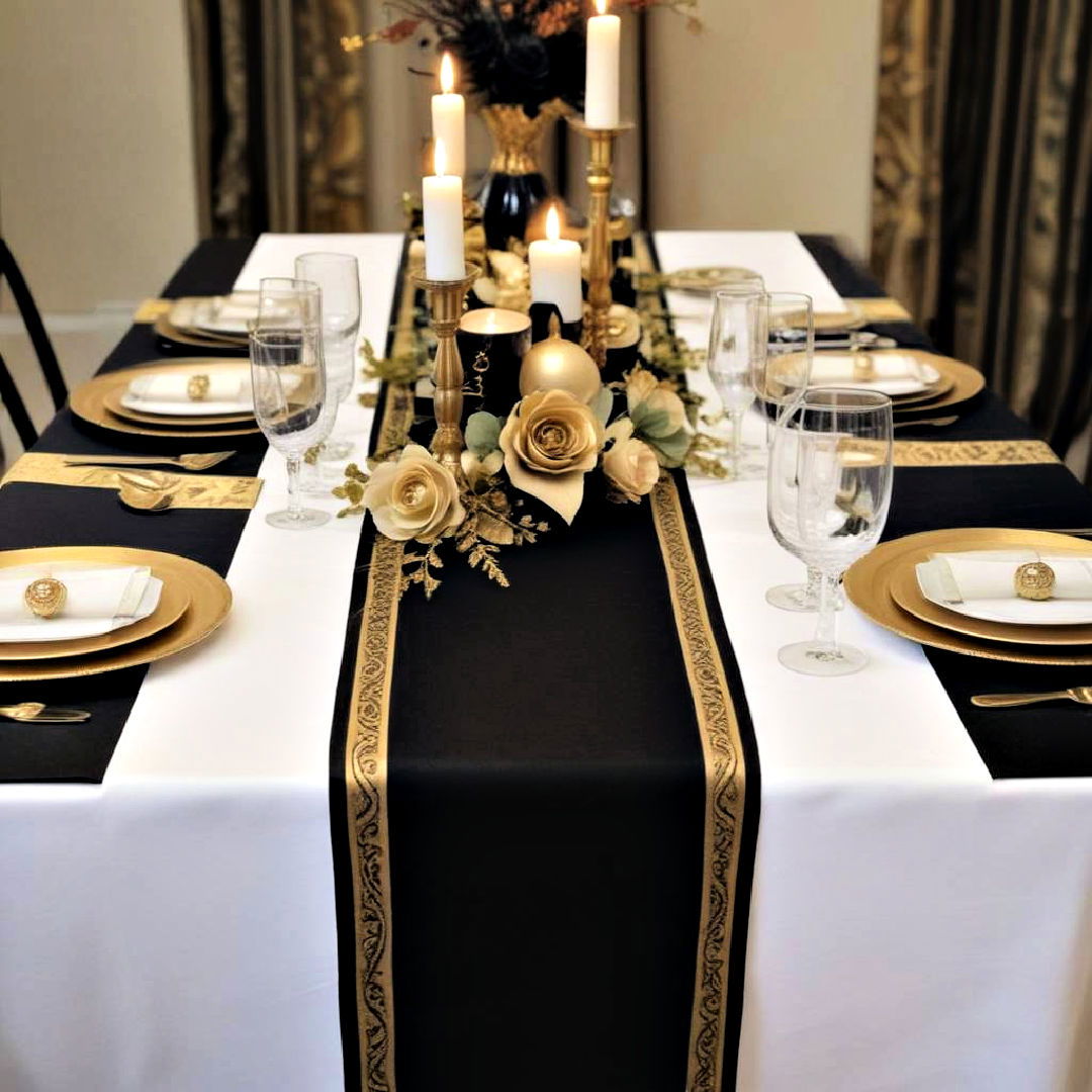black table runner with gold accents - 20 Black and Gold Centerpiece Ideas