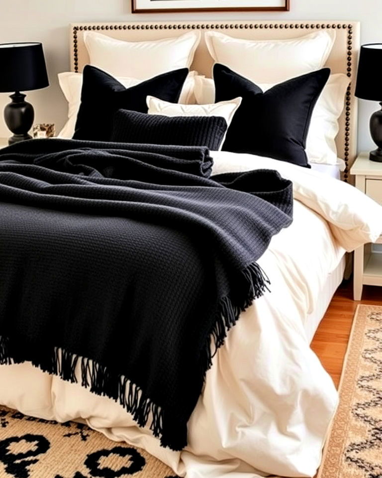 black throw blanket and cream bedding - 35 Cream and Black Bedroom Ideas