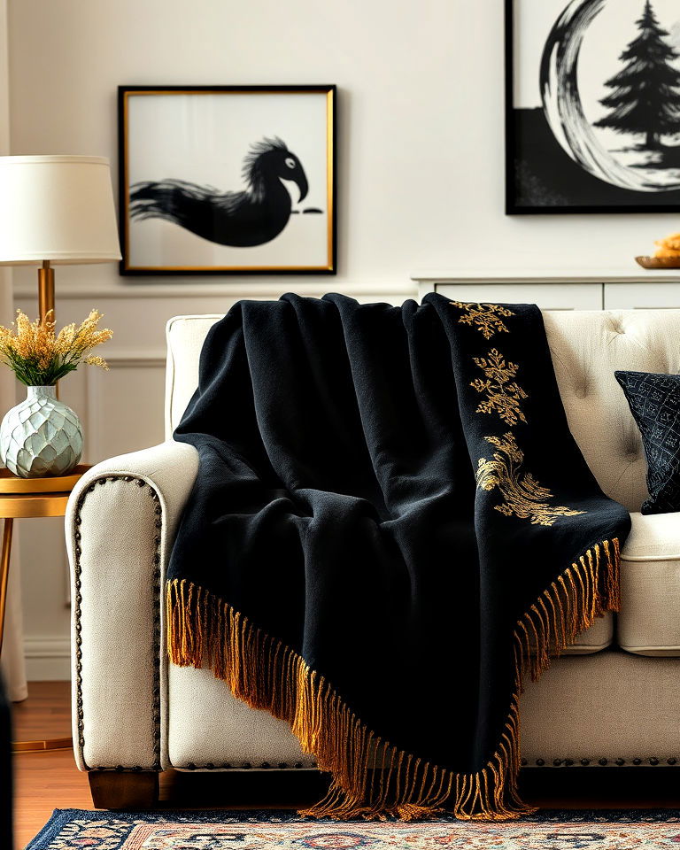 black throw blanket with gold accent - 40 Black and Gold Living Room Ideas