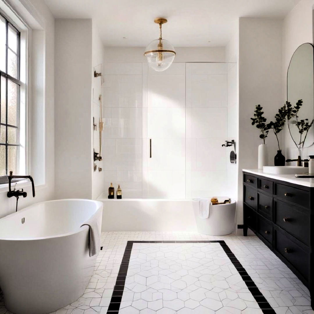 black tile border on white floor - 40 Black and White Bathroom Ideas