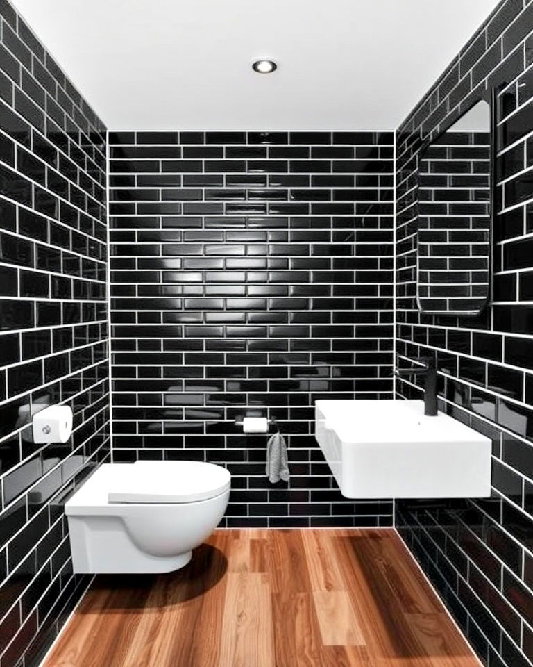 black tile with white grout for powder room - 25 Black Powder Room Ideas