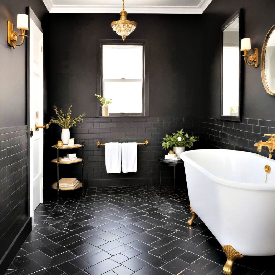 black tiled flooring with gold accents - 20 Black and Gold Bathroom Ideas
