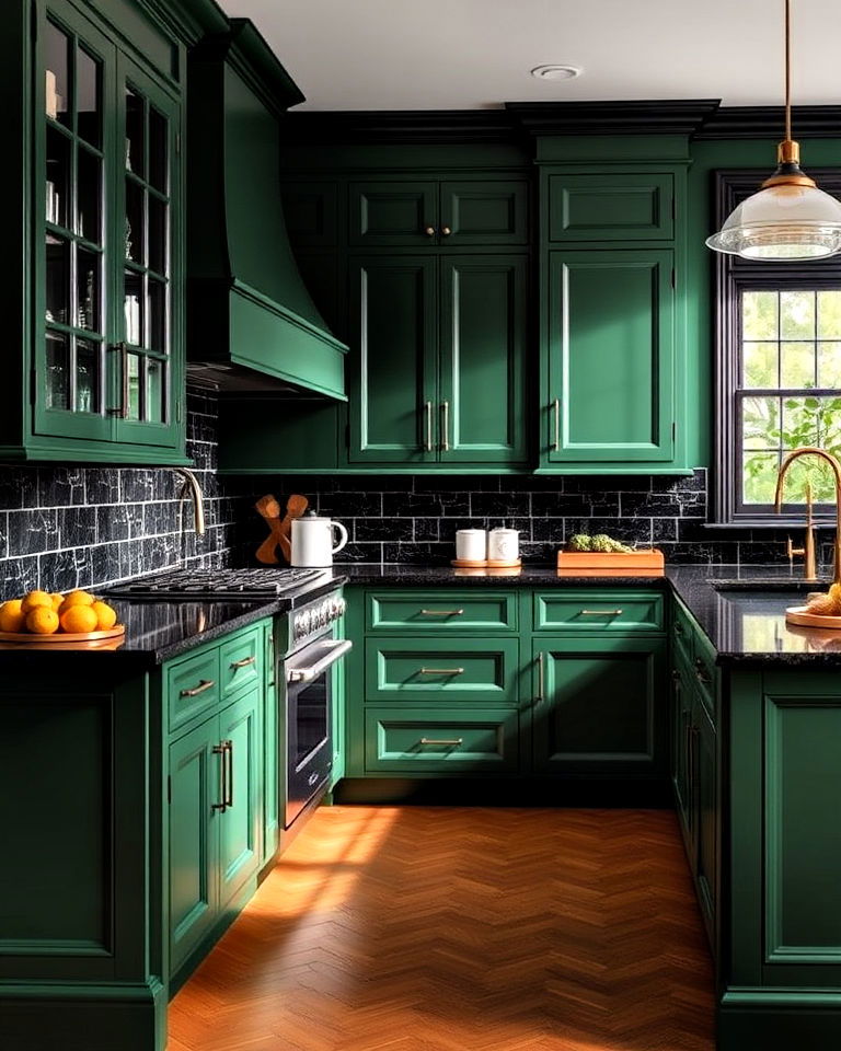 black trim and dark green kitchen cabinets - 30 Black and Green Kitchen Ideas