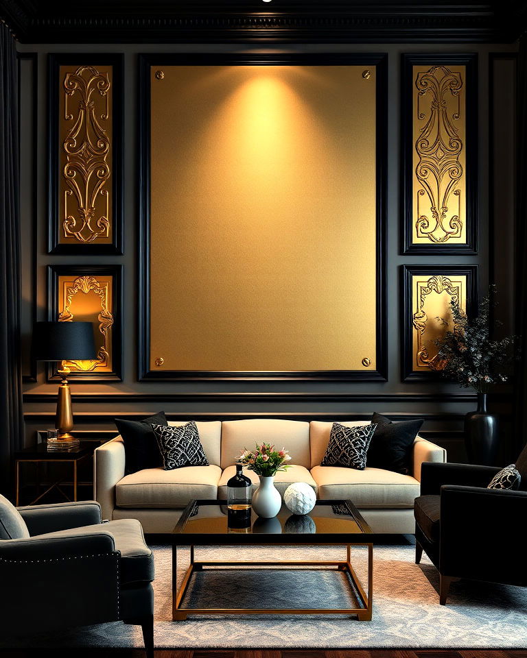 black trim and gold wall panels - 40 Black and Gold Living Room Ideas