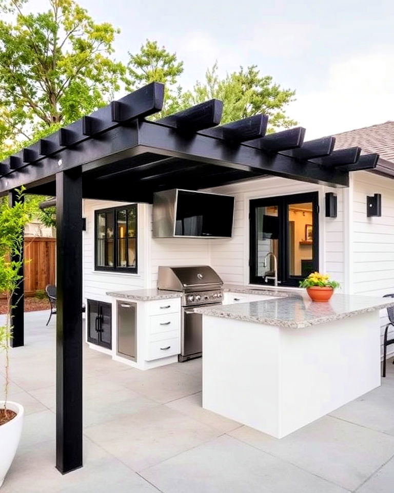 black trim for a bold outdoor kitchen - 30 Single Story White House Black Trim