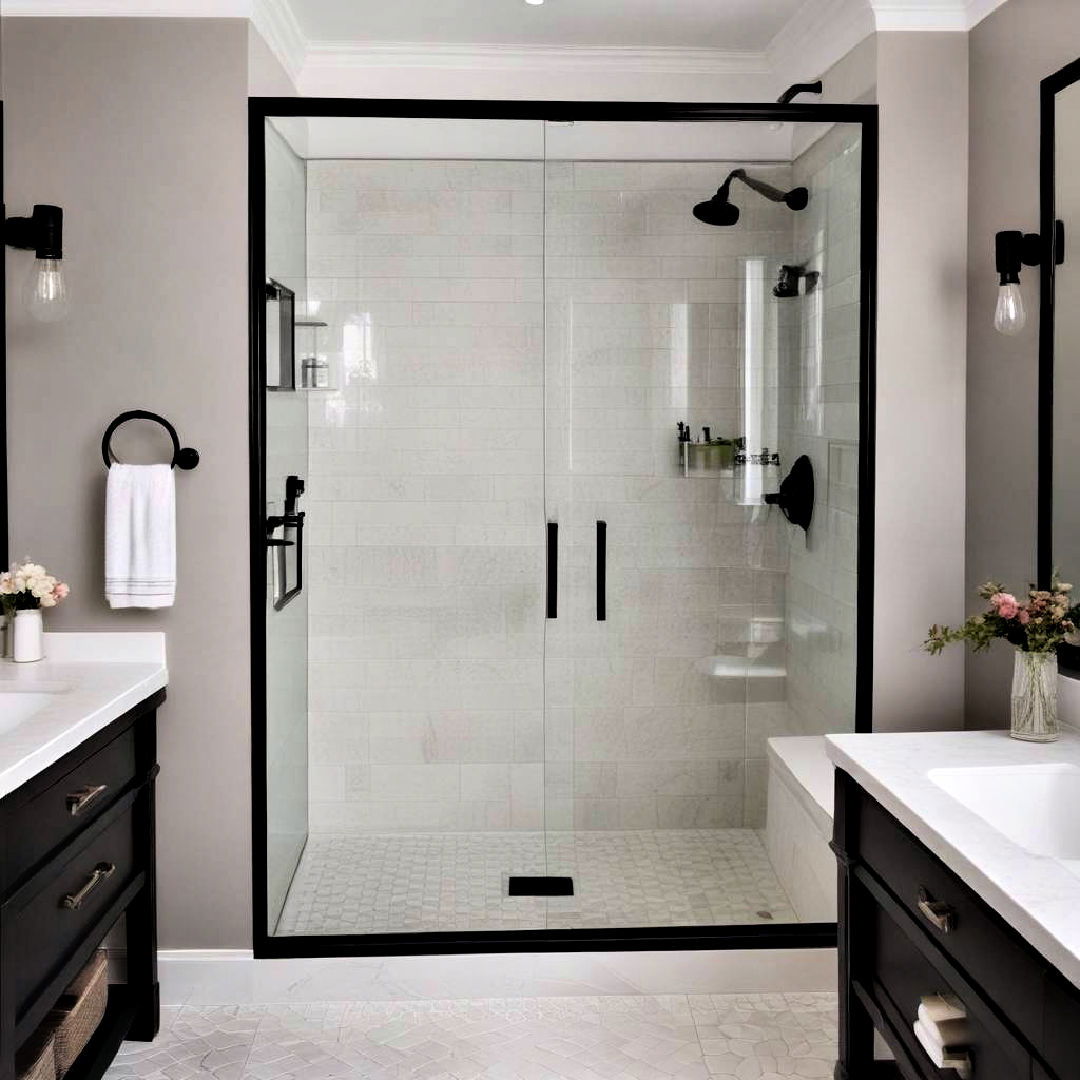 black trim on shower door for black and white bathroom - 40 Black and White Bathroom Ideas