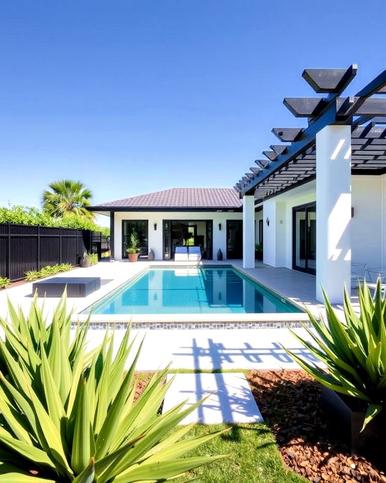 black trim pool area for single story white house - 30 Single Story White House Black Trim