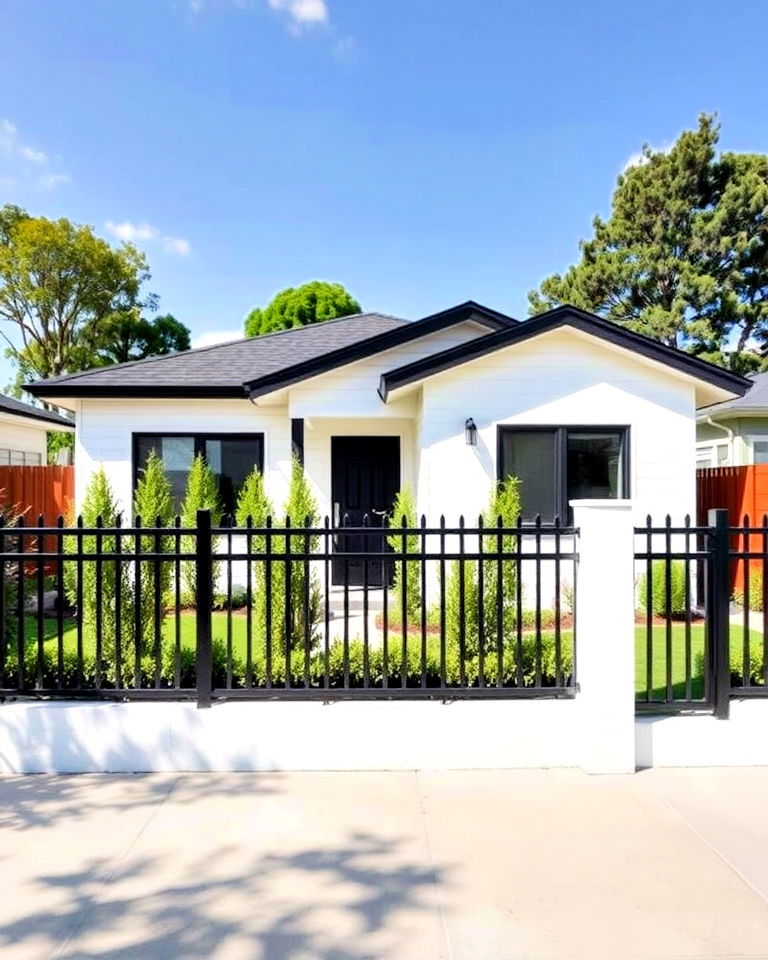 black trimmed fence around a single story white house - 30 Single Story White House Black Trim