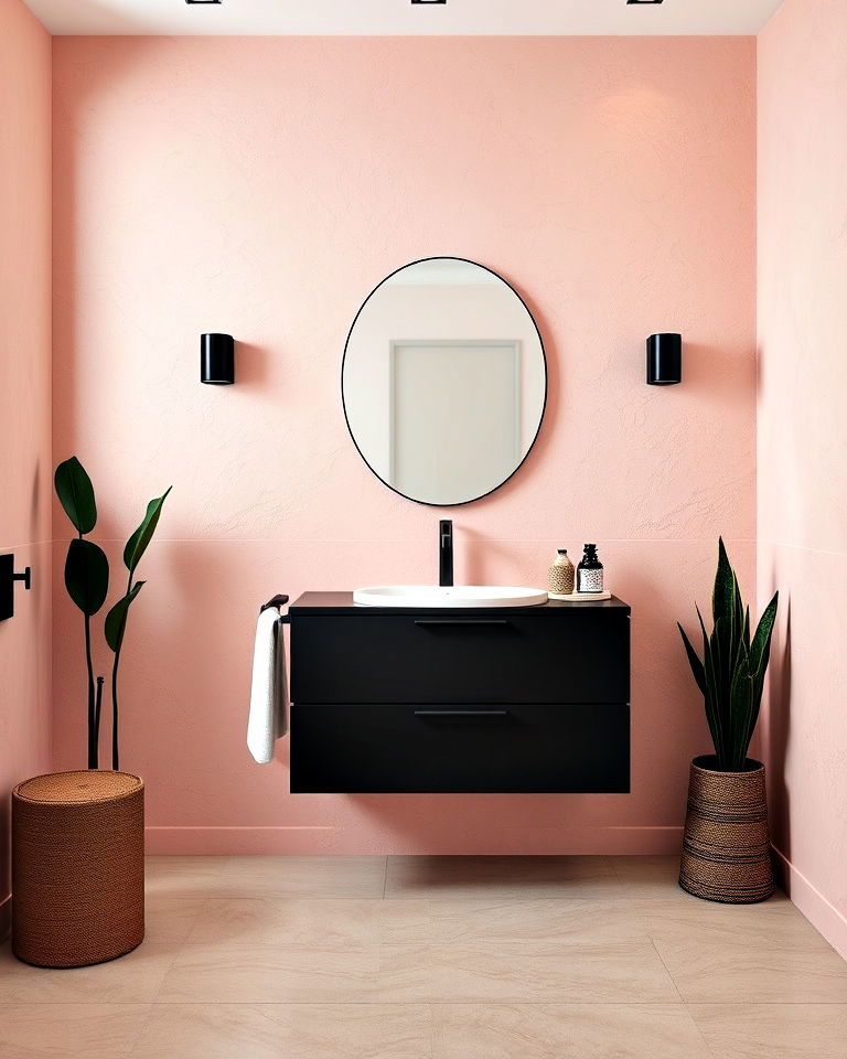 black vanity and pink textured walls - 25 Pink and Black Bathroom Ideas
