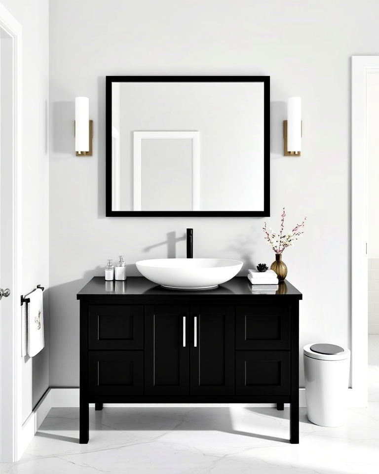 black vanity topped with a vessel sink - 20 Black Vanity Bathroom Ideas