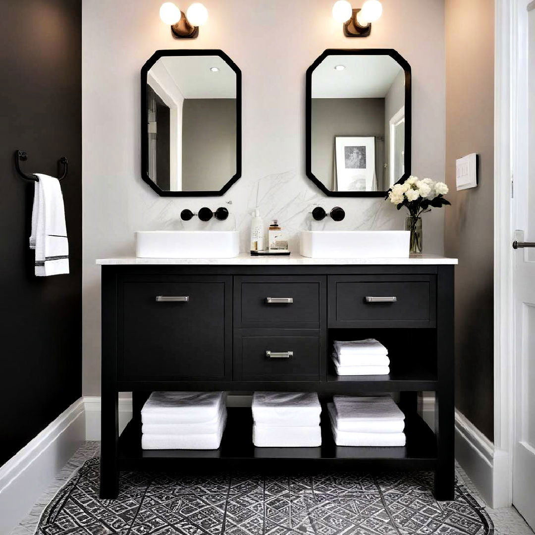 black vanity unit paired with white countertops - 40 Black and White Bathroom Ideas