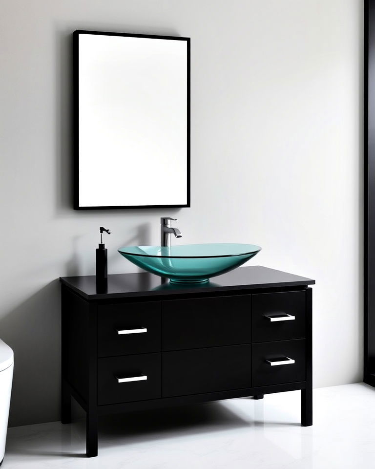 black vanity with glass sink for high contrast look - 20 Black Vanity Bathroom Ideas