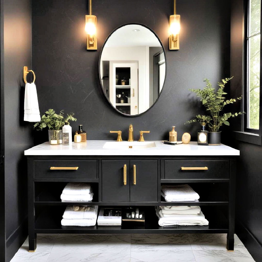 black vanity with gold hardware - 20 Black and Gold Bathroom Ideas