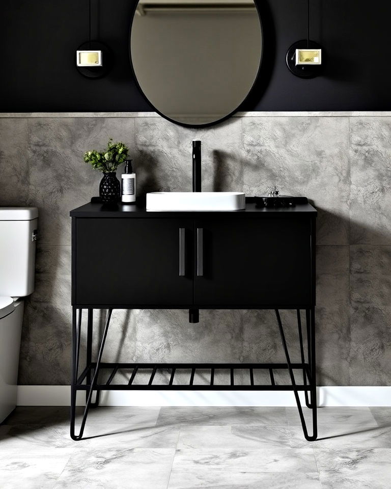 black vanity with metal legs for industrial edge - 20 Black Vanity Bathroom Ideas