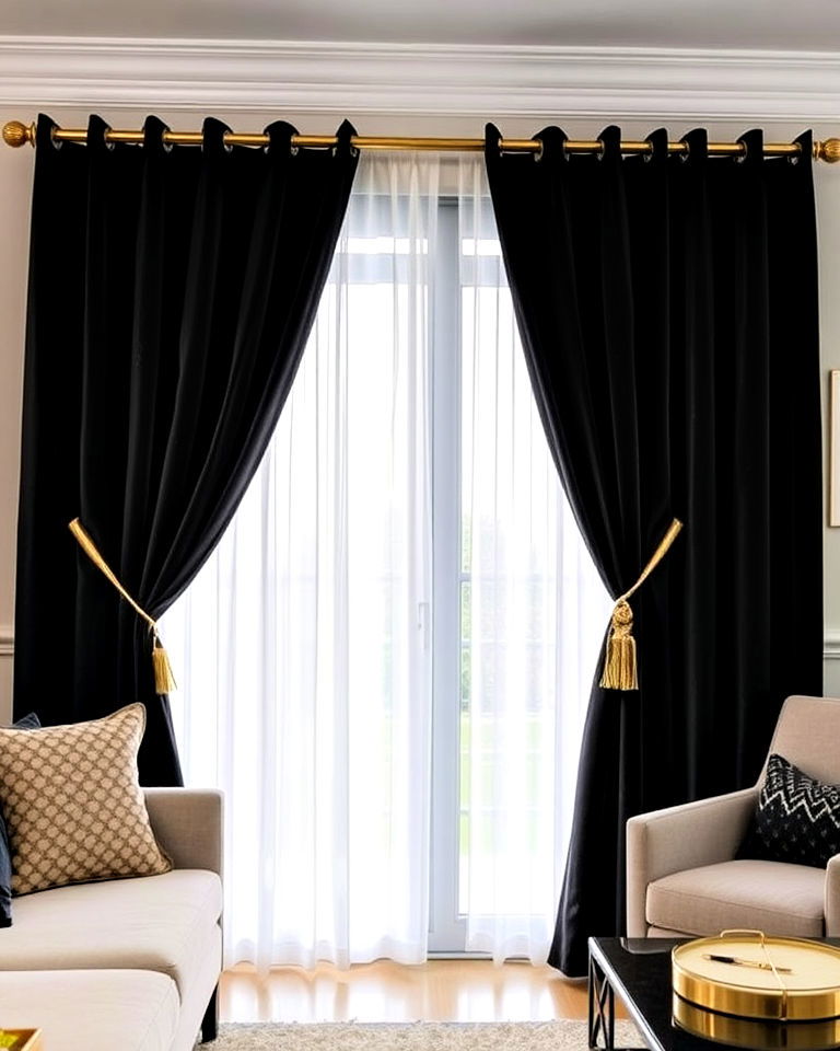 black velvet curtains and gold tiebacks - 40 Black and Gold Living Room Ideas
