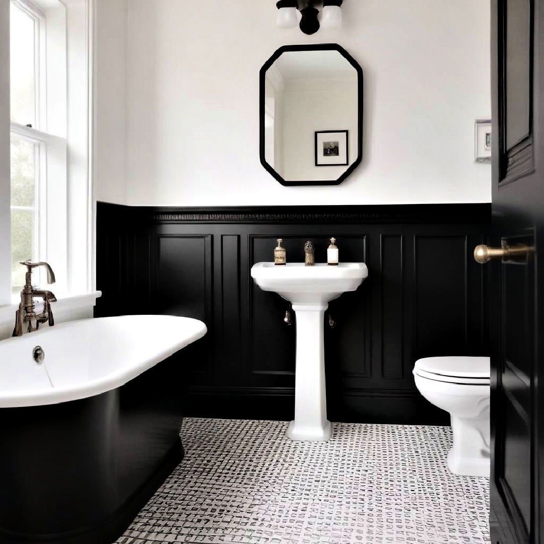 black wainscoting and white walls for bathroom - 40 Black and White Bathroom Ideas