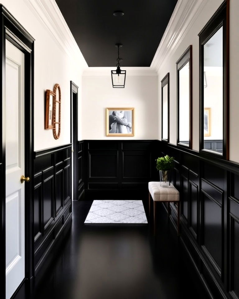 black wainscoting for classic aesthetic - 15 Black Hallway Ideas