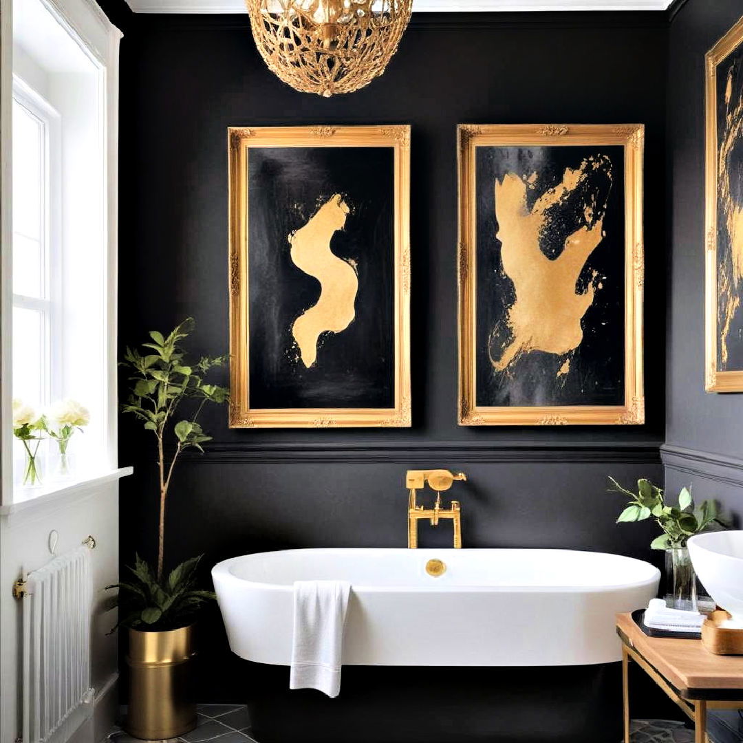 black wall and gold artwork - 20 Black and Gold Bathroom Ideas